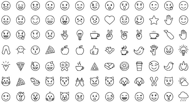 Black and White Line Art Emojis, Icons and Symbols for Digital and Print Use