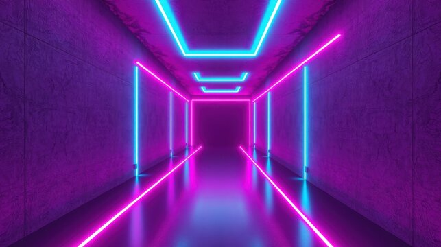 Neon lights illuminate long corridor. Purple, blue hues create futuristic tunnel effect. Dramatic perspective draws viewer inward.