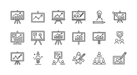 Fototapeta premium Collection of business and presentation icons representing growth, ideas, teamwork, and strategy