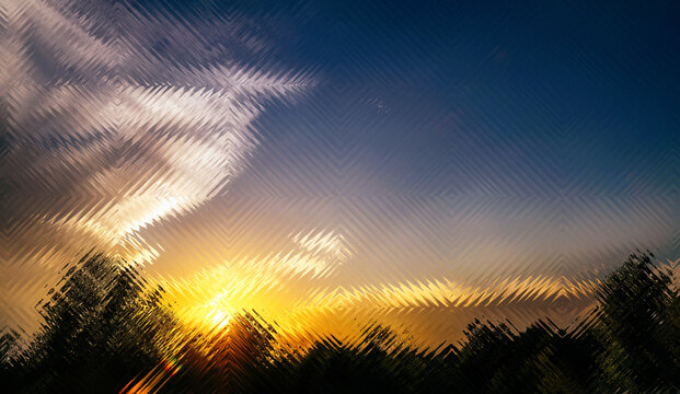 Abstract artwork depicting a sunset filtering through textured clouds and silhouetted trees