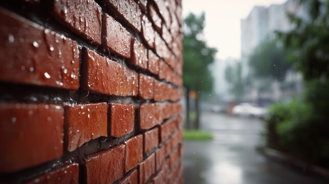 Wet Red Brick Wall Texture with Raindrops and Blurred City Street