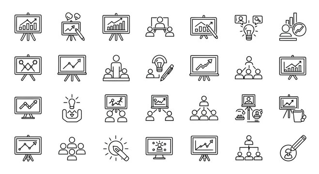 Collection of presentation and business icons featuring charts, graphs, meetings, and ideas for visual communication and analysis