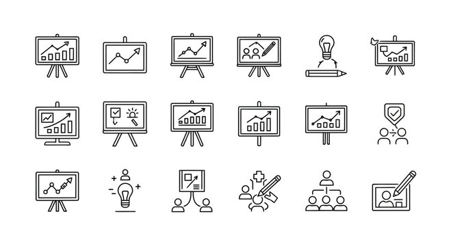 Collection of business and presentation icons representing growth, ideas, teamwork, and strategy