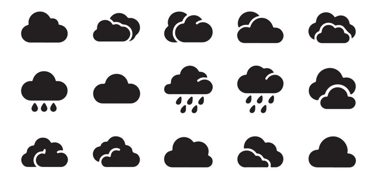 Cloud weather conditions and sky forecast glyph icons for meteorological app design symbols collection.