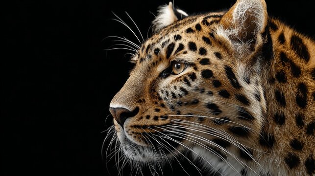 majestic amur leopard portrait isolated on black background, rare endangered big cat with striking spotted coat, intense gaze and powerful presence in dramatic wildlife studio-style composition