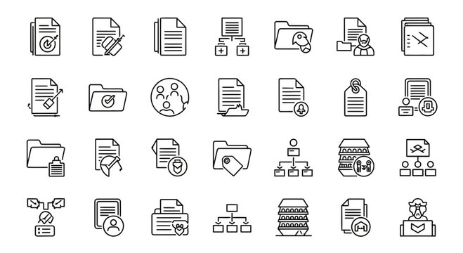 Essential vector line icons illustrating digital file management, data organization, cloud storage, network security, and document processes for interface design