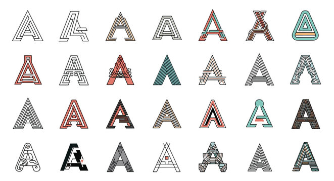 Large collection of the letter A designed in various artistic, geometric, and typographic styles arranged in a grid pattern.