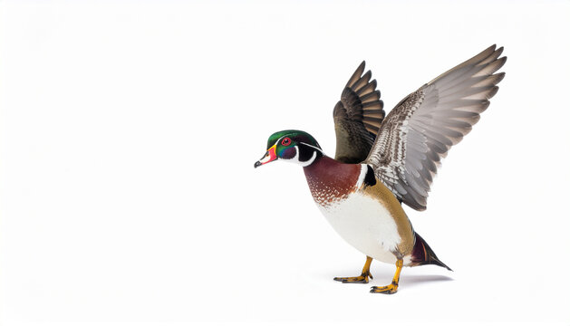 Male wood duck with colorful plumage taking off with wings spread isolated on white background