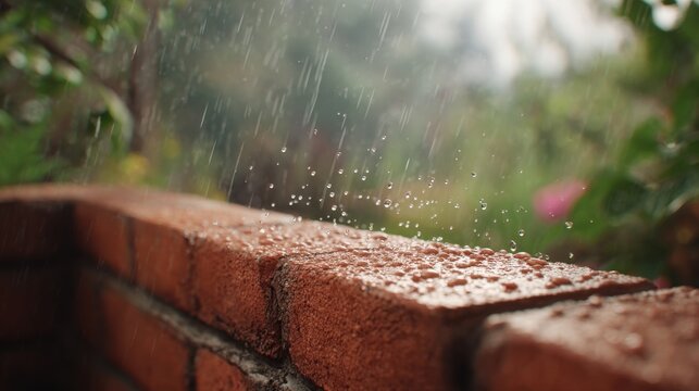 Raindrops Splashing on a Red Brick Wall in a Lush Green Garden
