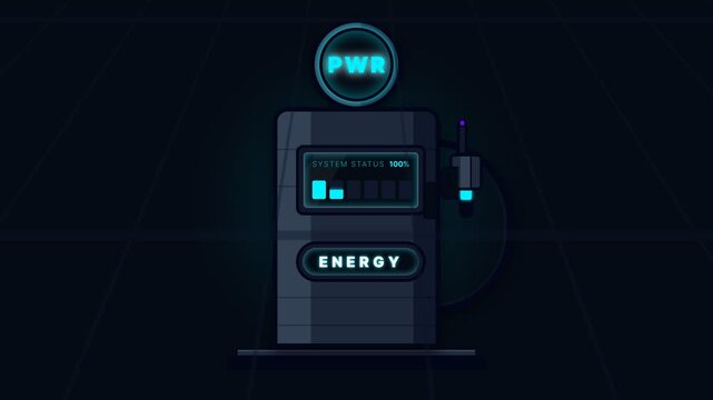Futuristic Electric Vehicle Charging Station Animation with Glowing Blue Energy Status Interface