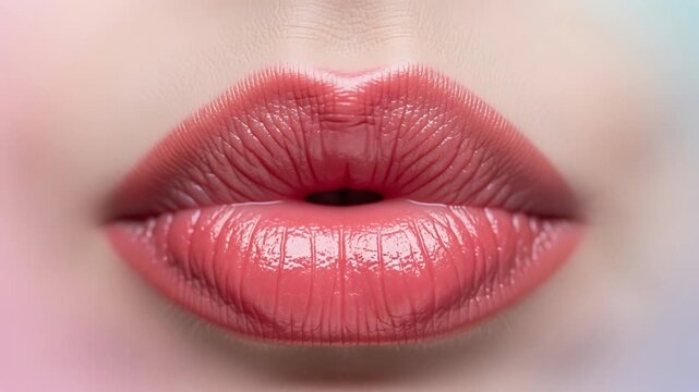Close-Up of Luscious Glossy Pink Lips Puckering for a Kiss