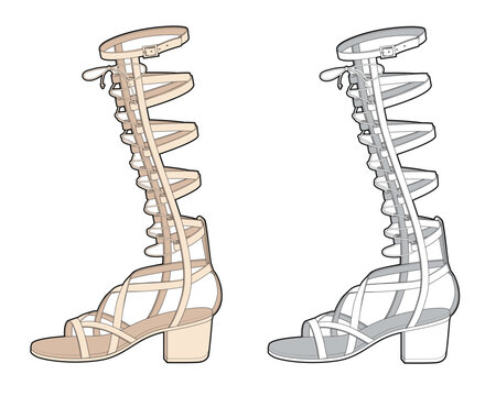 Female gladiator sandals flat sketch vector mockup template.