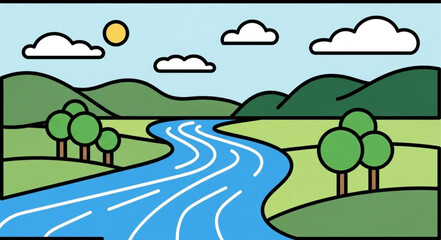 Scenic River Landscape with Trees, Hills, and Sunny Sky Illustration. © jamingan