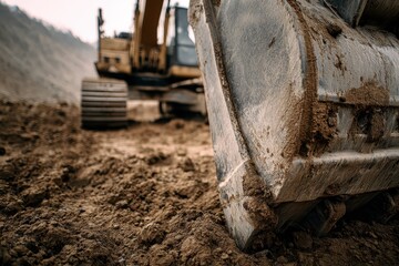 Fototapeta premium Close-up of a heavy excavator bucket resting on construction site dirt