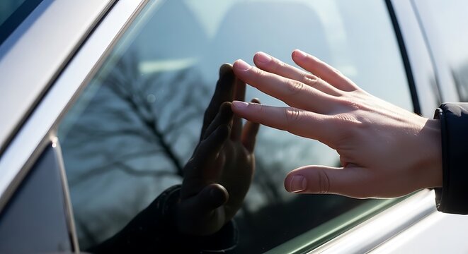Close-up of a hand touching a clean car window with reflections