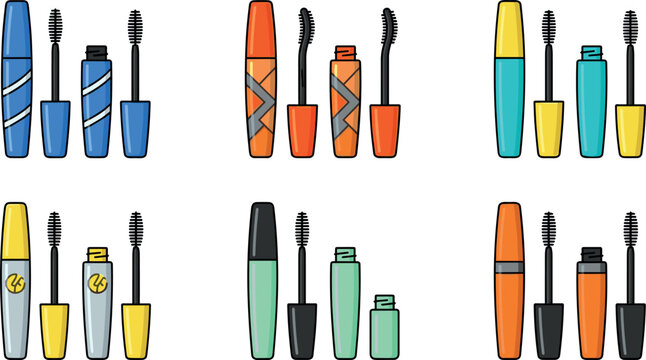 Mascara set collection with cosmetic beauty products different styles vector illustration.