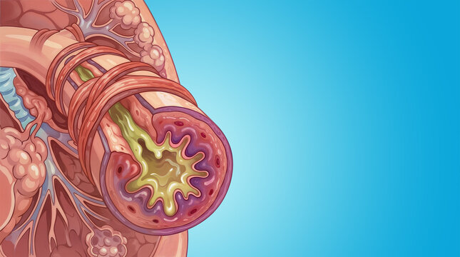Medical Illustration of an Inflamed Human Airway Cross-Section with Mucus Buildup and Bronchial Wall Thickening