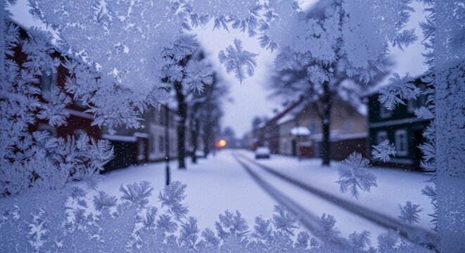 Frost patterns forming ferns on a snowy street