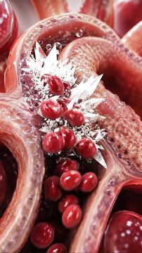 Kidney filtration damage artery plaque, cholesterol buildup and blood clot inflammation shown nephron renal glomerulus anatomy with red blood cells tubules, medical illustration for health disease