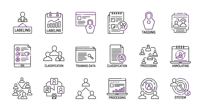 Modern vector line icon set depicting essential concepts in data classification, machine learning algorithms, and artificial intelligence development workflows