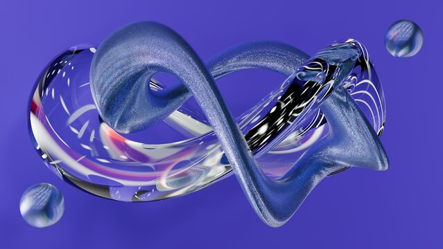 Fluid liquid blue glass shapes and spheres abstract background.