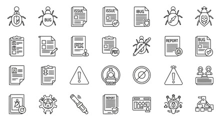 Fototapeta premium Collection of modern flat icons representing software development, bug fixing, and reporting processes with various symbols and graphical elements