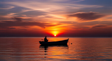 Obraz premium Silhouette of a Boat at Sunset - Serene Water Reflection.