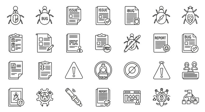Collection of modern flat icons representing software development, bug fixing, and reporting processes with various symbols and graphical elements