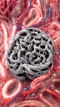 Kidney filtration damage in glomerulus and nephron microanatomy, renal anatomy pathology medical closeup showing tissue injury, tubule detail, macro view of renal disease concept background