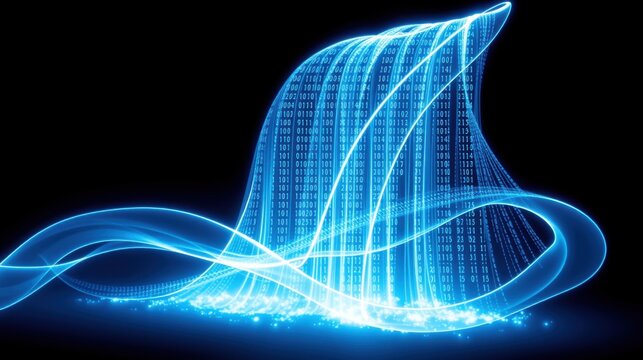 Bright blue digital wave form. Binary code cascades down, creating luminous abstract shape against dark background. Futuristic, energetic design.