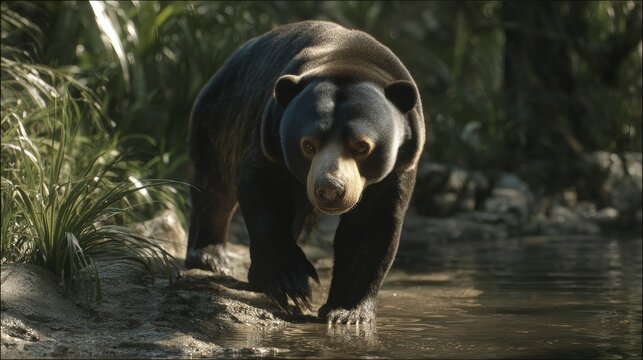 Sun bear standing on hind legs in tropical rainforest habitat, rare asian wildlife animal with distinctive chest marking, powerful small bear in natural jungle environment, conservation and biodiversi