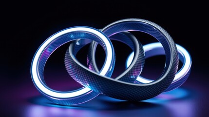 Fototapeta premium Interlocking rings, illuminated blue, futuristic design. Dark background emphasizes glowing texture, creating dramatic visual impact.