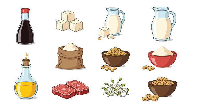 Assorted colorful illustrations of soy based food products including milk, tofu, soy sauce, and beans on a plain background.