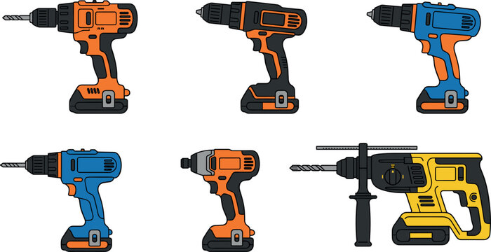 Power drill collection with cordless tools construction equipment set vector illustration.