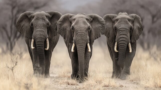 Three african bush elephants walking toward camera across dusty savanna landscape, majestic wildlife scene with powerful herd presence, natural habitat in warm golden light, iconic african safari anim