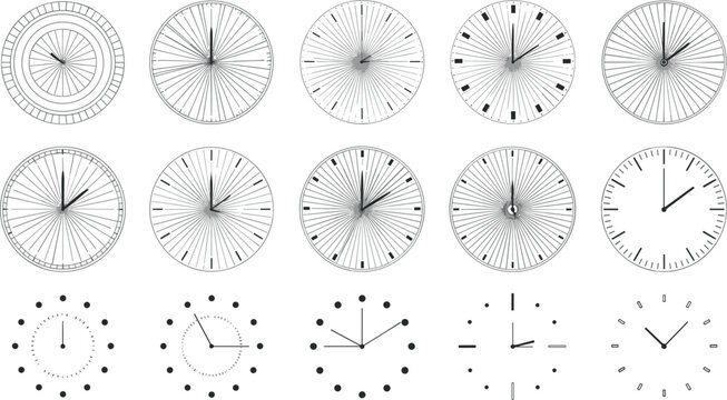 Clock Face Illustration Set with Various Time Designs and Styles for Time, Schedule, and Watch Branding