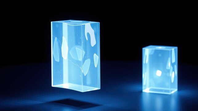 Glowing rectangular prisms. Blue light emanates from within translucent blocks. Minimalist composition, dark background creates contrast.