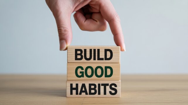 Hand building good habits with wooden blocks on a table.