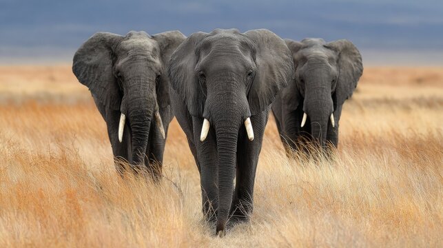 Three african bush elephants walking toward camera across dusty savanna landscape, majestic wildlife scene with powerful herd presence, natural habitat in warm golden light, iconic african safari anim