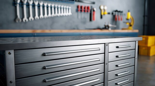 Steel toolbox with drawers in a professional workshop