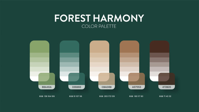 Forest Harmony Color Palette Infographic Vector. Professional nature earth tones with hex codes for branding and interior design schemes. Comprehensive for eco-friendly marketing Presentation Slide.