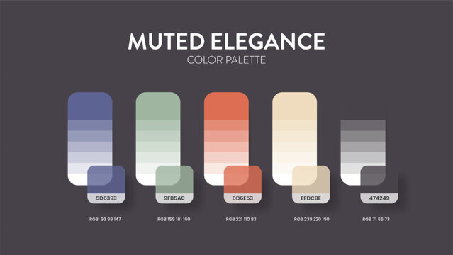 Color palette guide in Muted Elegance colour theme collections. Color inspiration or chart with codes template. Color combination RGB. Colors swatches for graphic design, art, fashion, web, painting.
