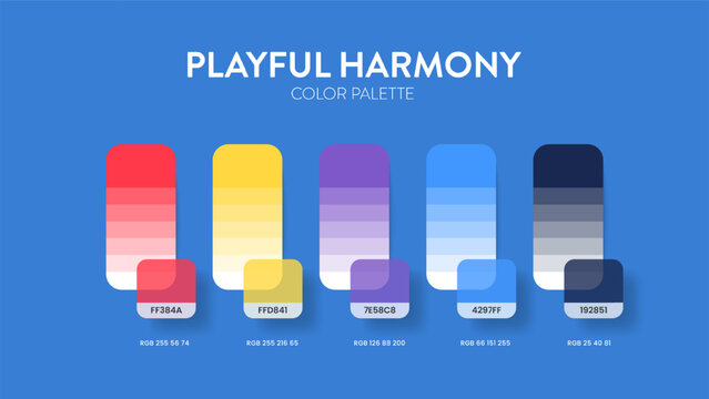 Playful harmony color palette infographic vector. Five vibrant gradient swatches with hex codes and rgb values. Comprehensive modern design template for creative UI UX branding presentation slide.