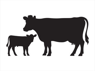 Flat vector illustration of cow and calf silhouette isolated clipart design © Chan