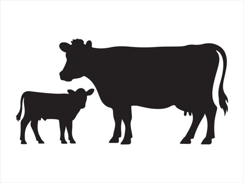 Flat vector illustration of cow and calf silhouette isolated clipart design