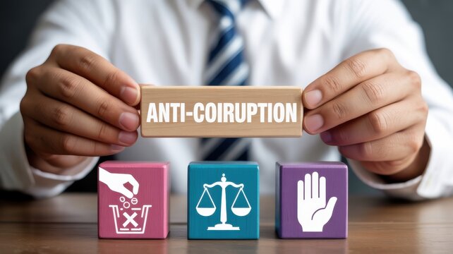 Man holding "ANTI-CORRUPTION" wooden block with symbolic icons on a wooden desk.