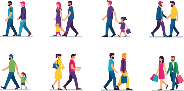Family and Couple Walking Icon Set with Various Poses for Relationships, Lifestyle, and Social Interaction Designs