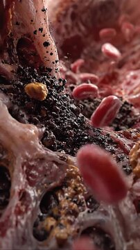 Kidney filtration damage medical illustration kidney artery plaque cholesterol inflammation clot disrupt blood flow, anatomy cross section closeup with diseased tissue pathology for renal disease