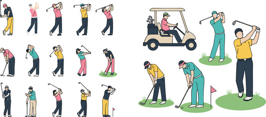 Golf Player Illustration Set with Various Poses, Golf Cart, and Course Activities for Sports, Fitness, and Golfing Designs © MdMehedi