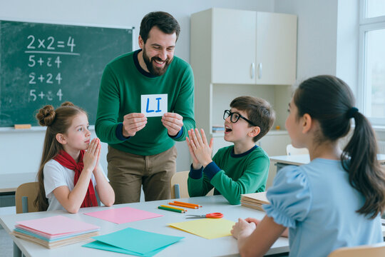 Caucasian male teacher showing flashcard to schoolchildren, guiding classroom language game and active learning. Education marketing, tutoring services, school promotion use